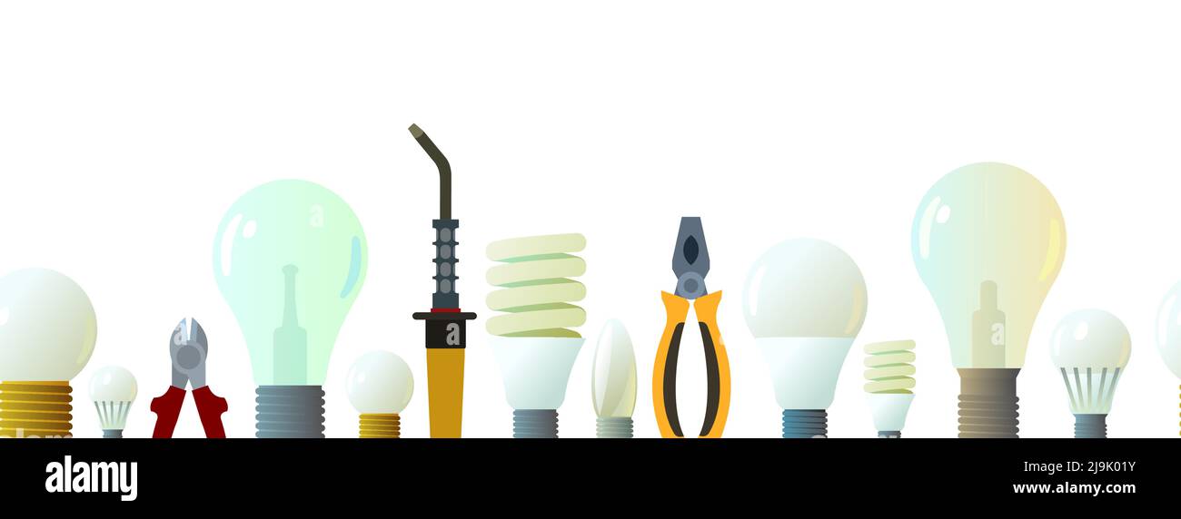 Lampadina elettrica in vetro. Dispositivo di illuminazione. Tecnologie di risparmio energetico. Strumenti per elettricisti. Isolato su sfondo bianco. Inferiore senza saldatura orizzontale co Illustrazione Vettoriale