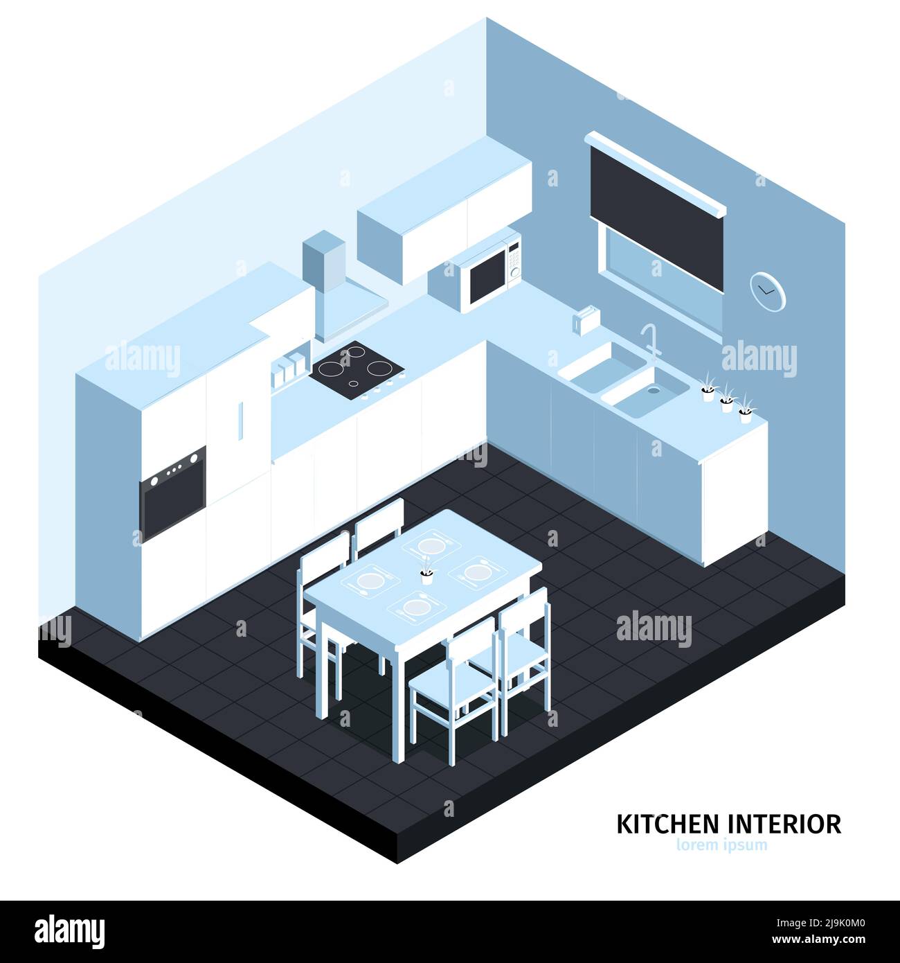 Composizione isometrica della cucina con vista cubica della stanza con pulito mobili macchine da cucina lavello e tavolo illustrazione vettoriale Illustrazione Vettoriale
