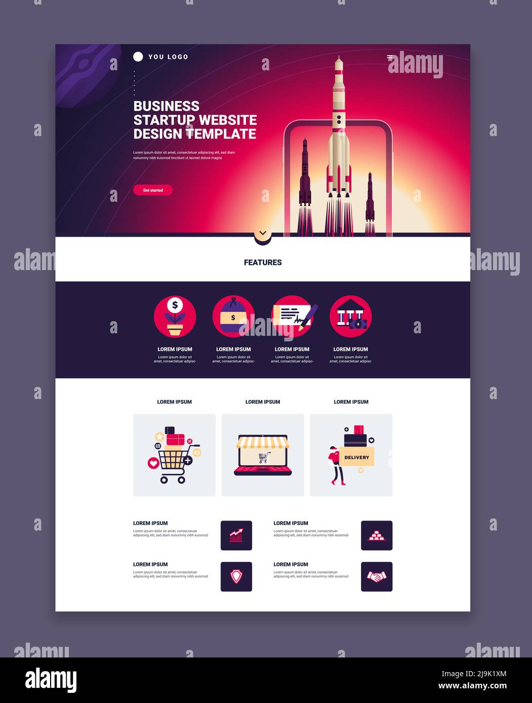 Modello di disegno di pagina di Web site di affari con tre razzi di lancio colorati immagini e funzioni di illustrazione vettoriale piatta Illustrazione Vettoriale