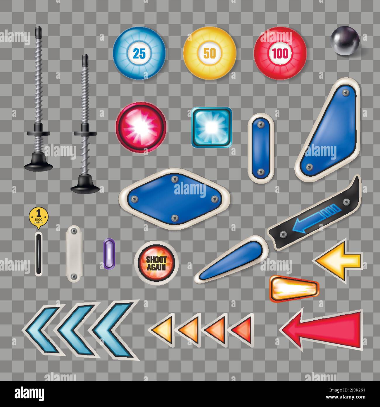 Collezione realistica di parti per macchine a flipper con pistone a sfera in acciaio lampeggiante le luci intrappolano l'illustrazione vettoriale trasparente di sfondo isolata Illustrazione Vettoriale