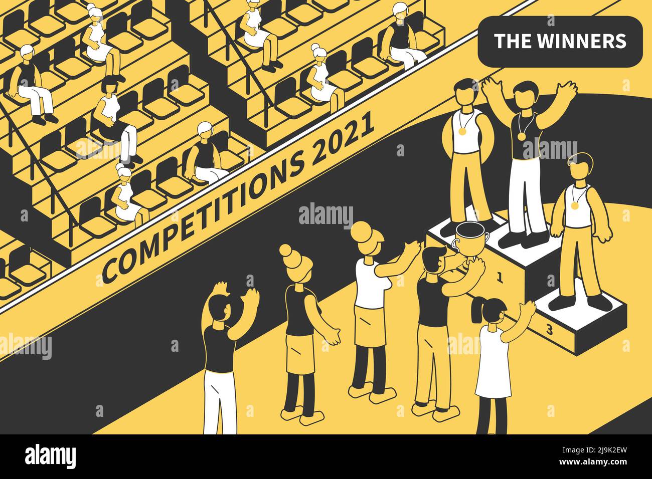 Vincitore del concorso composizione isometrica con vista della sede sportiva con pubblico e atleti sulla vittoria podio illustrazione vettoriale Illustrazione Vettoriale