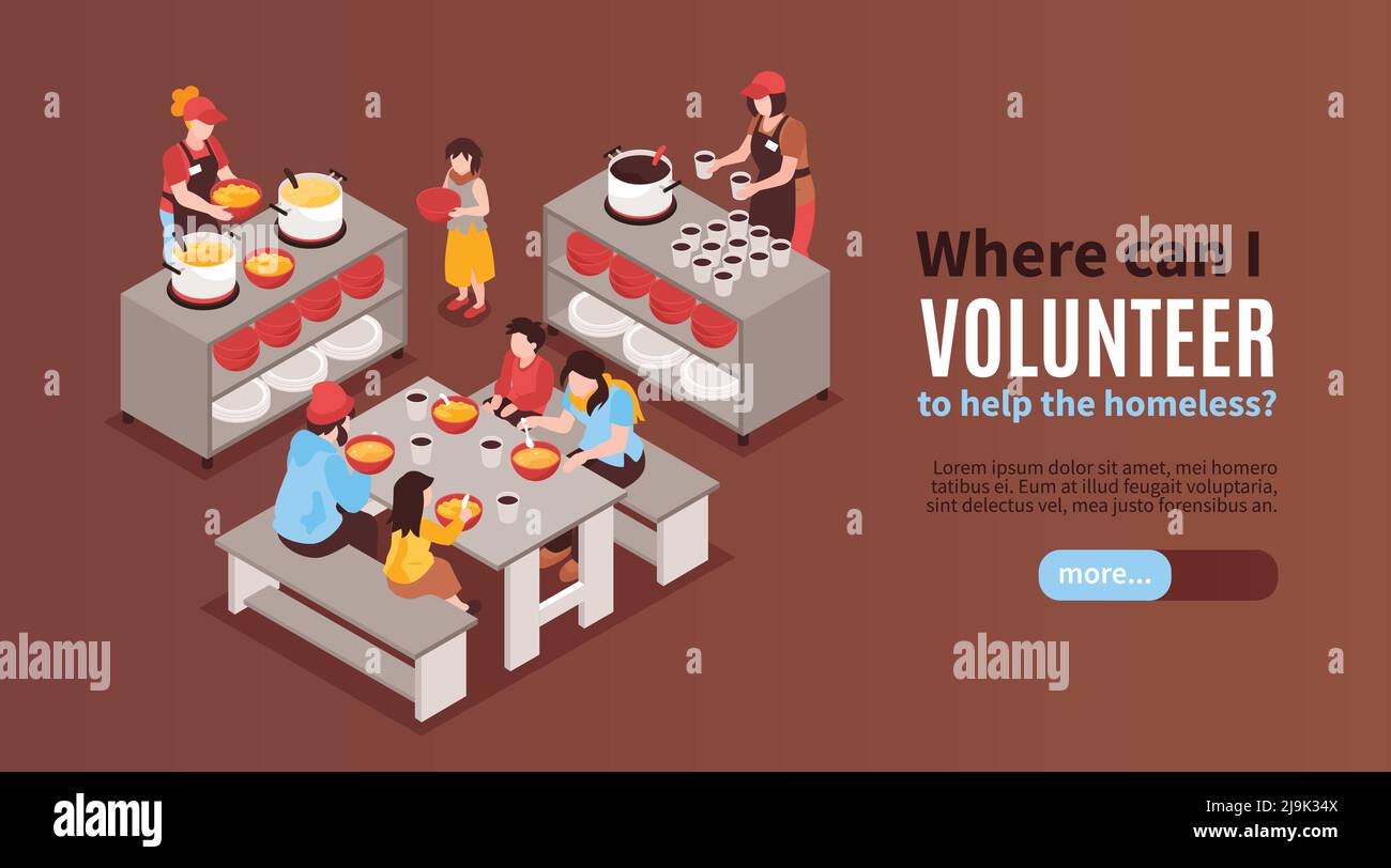Bandiera orizzontale isometrica della carità con i volontari che alimentano i poveri senzatetto nell'illustrazione vettoriale del ricovero Illustrazione Vettoriale
