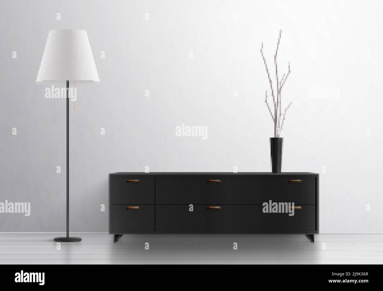 Illuminazione casa lampada interna composizione realistica con mobili di design e. vaso con lampada da tavolo e armadietto con illustrazione vettoriale Illustrazione Vettoriale