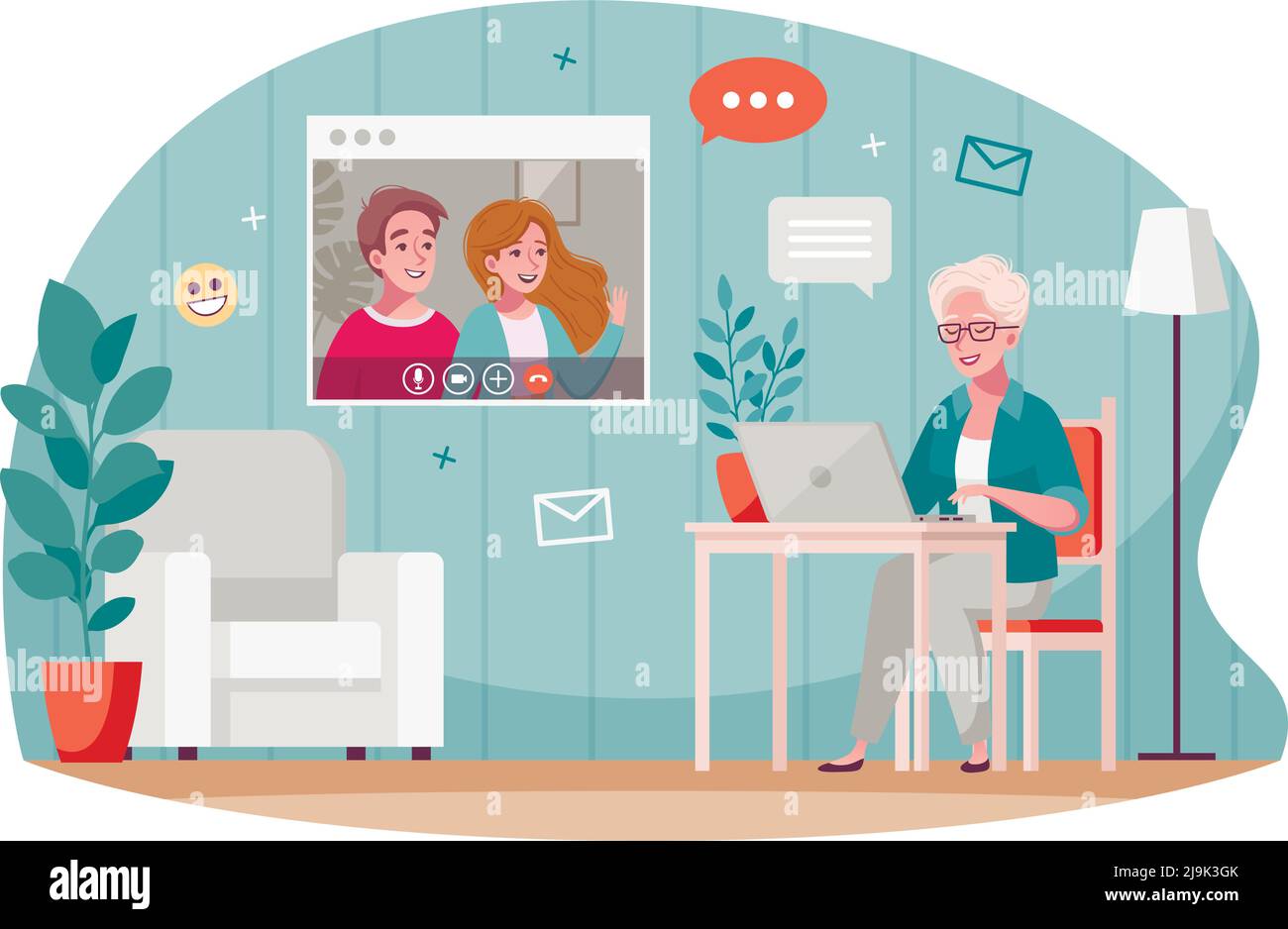 Persone anziane video comunicazione cartoni animati piano composizione con la vecchia donna che chiacchiera con i bambini utilizzando laptop illustrazione vettoriale Illustrazione Vettoriale