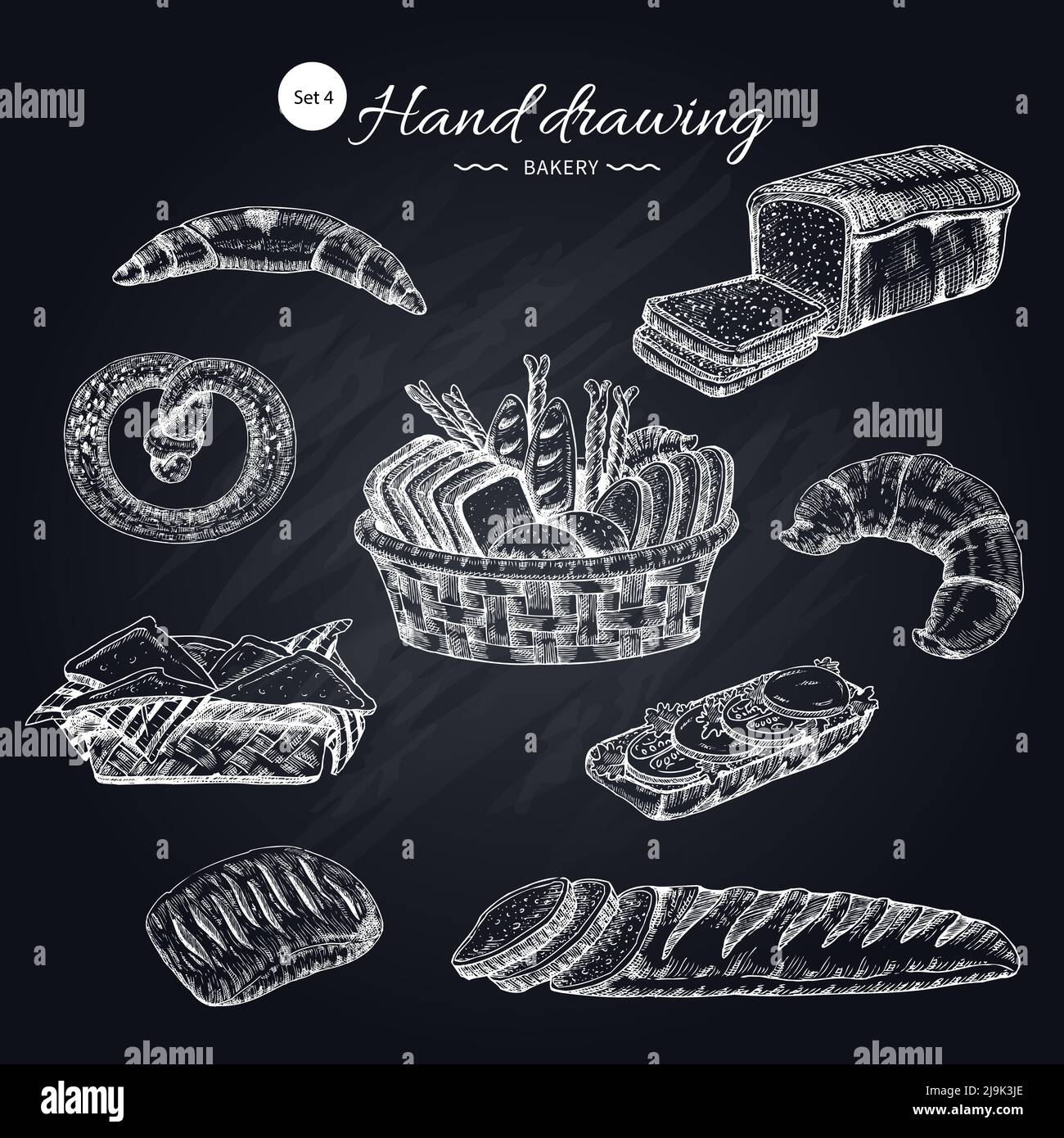 Prodotti a base di farina raccolta disegnata a mano con cestino di pane a fette di snack pasticceria su texture lavagna illustrazione vettoriale Illustrazione Vettoriale