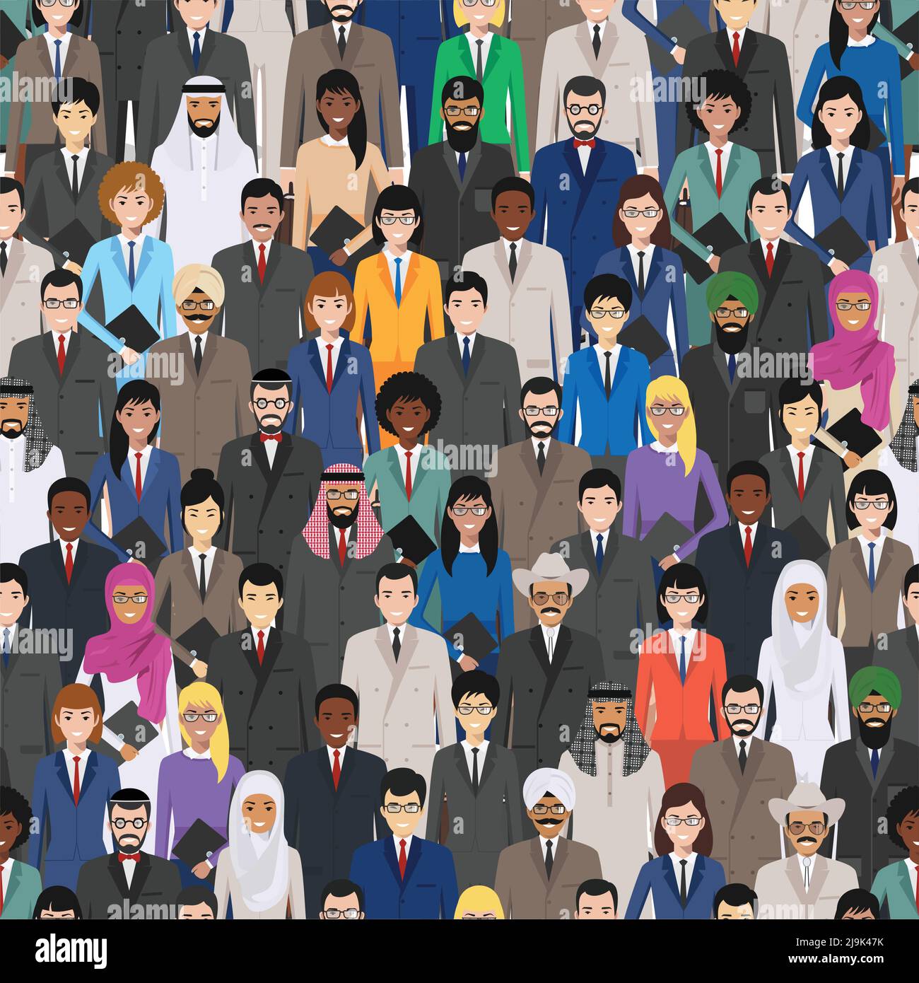 Gruppo vettoriale senza soluzione di continuità di persone creative, persone aziendali diverse che si riuniscono. Diverse nazionalità e stili di abbigliamento. Carino e semplice Illustrazione Vettoriale
