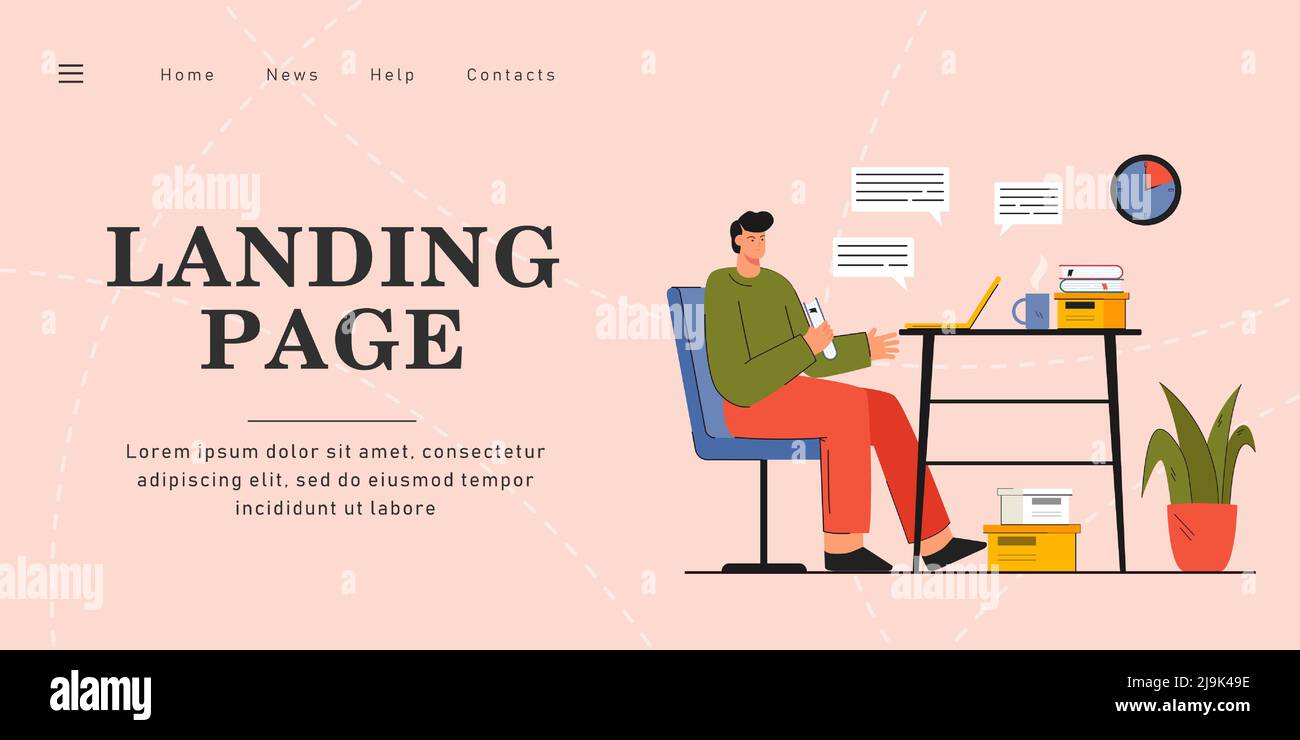 Uomo arrabbiato seduto al tavolo che chiacchiera con il computer portatile. Persona di sesso maschile che ha cattiva conversazione con l'amico. Comunicazione, reti sociali, concetto di problemi per b Illustrazione Vettoriale