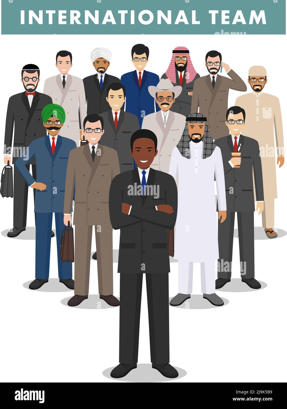 Gruppo di persone creative isolate su sfondo bianco. Insieme di diversi uomini d'affari che si riuniscono. Diverse nazionalità e stili di abbigliamento. Taglia Illustrazione Vettoriale