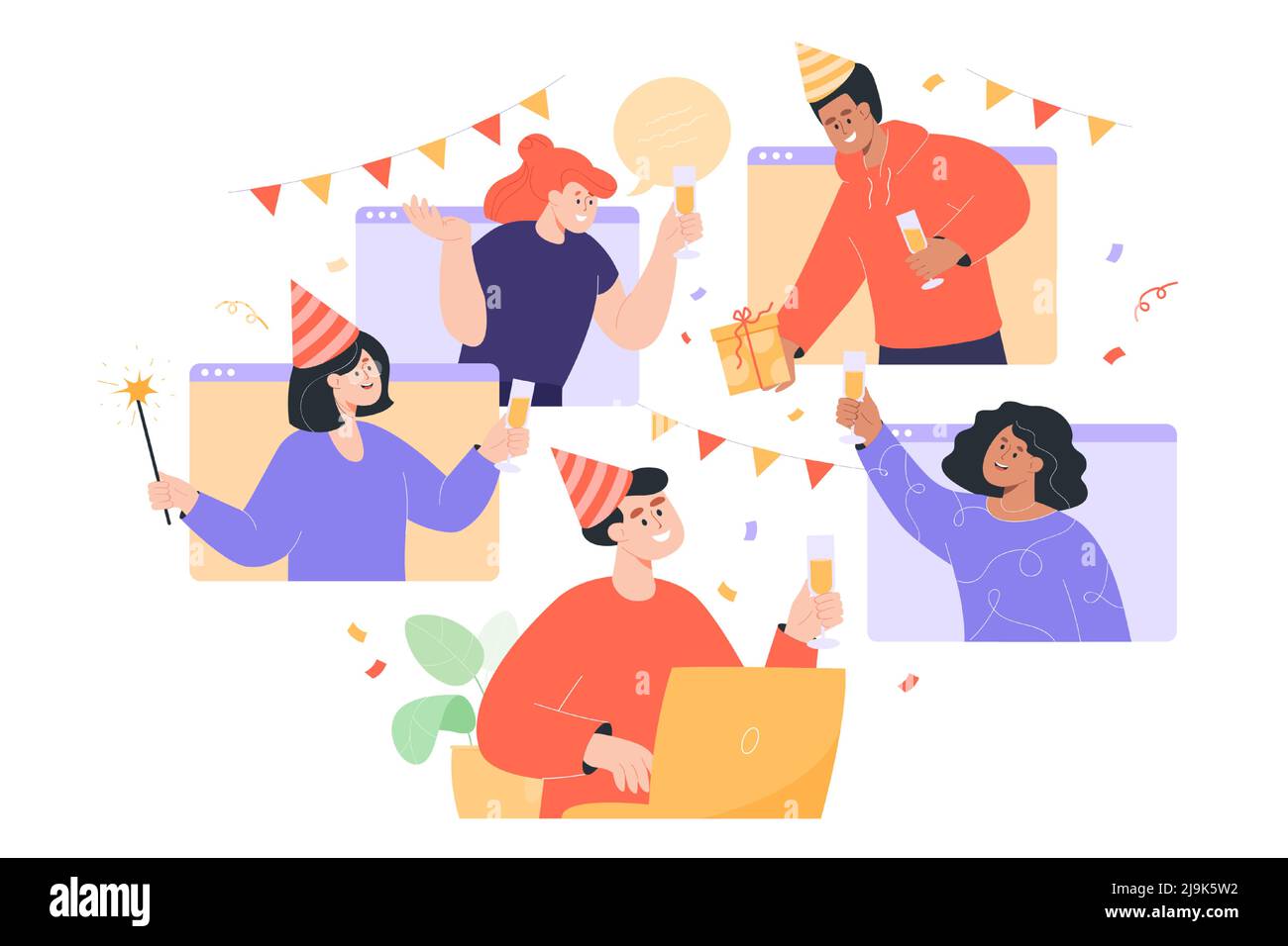 Amici che festeggiano il compleanno online flat vettoriale illustrazione. Uomini e donne che hanno una videochiamata o una conferenza durante la quarantena. Occhiale per occhiali aderenti Illustrazione Vettoriale