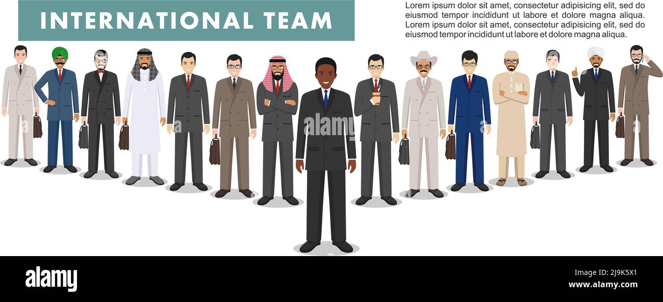 Gruppo di persone creative isolate su sfondo bianco. Insieme di diversi uomini d'affari che si riuniscono. Diverse nazionalità e stili di abbigliamento. Taglia Illustrazione Vettoriale