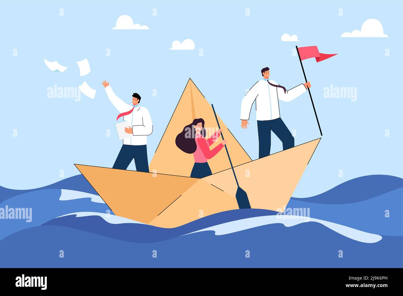 Uomini d'affari felici e donne d'affari che navigano su una barca a vela di carta. Cartoon business team in mare o oceano, leader con bandiera flat vettore illustrazione. Cooperati Illustrazione Vettoriale