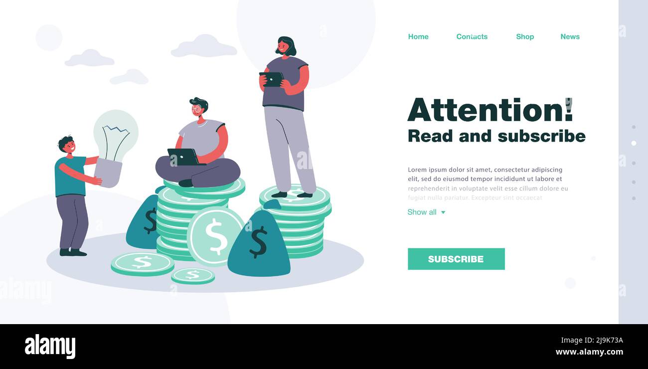 Figlio che dà idea ai genitori con soldi e gadget. Capretto che tiene la lampadina, la madre ed il padre sulle pile delle monete flat l'illustrazione del vettore. Budget per famiglie Illustrazione Vettoriale