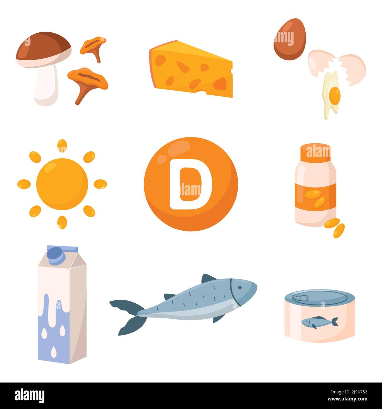 Alimenti sani arricchiti con set di illustrazioni vettoriali della vitamina D. Fonti di vitamina D, funghi, formaggio, latte o yogurt, pesce, tonno in scatola isolato Illustrazione Vettoriale Alimenti sani arricchiti con set di illustrazioni vettoriali della vitamina D. Fonti di vitamina D, funghi, formaggio, latte o yogurt, pesce, tonno in scatola isolato Illustrazione Vettoriale