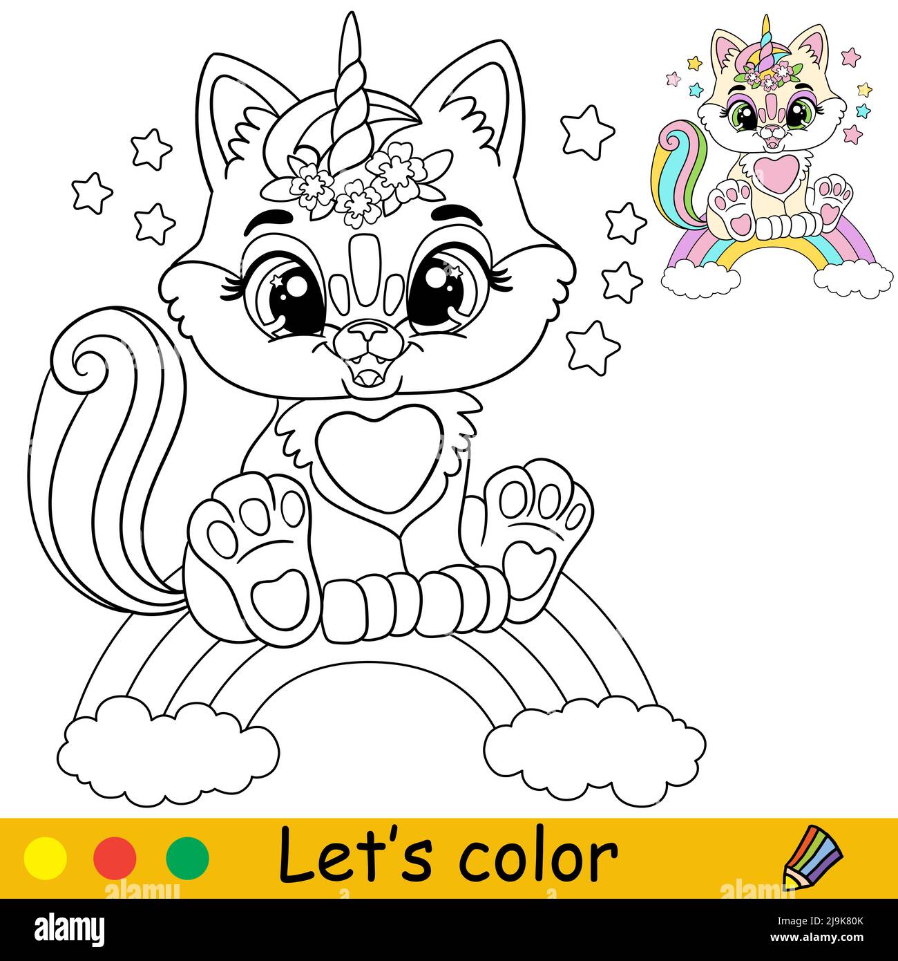 Cartone animato simpatico gatto unicorno seduto su un arcobaleno. Colorare la pagina del libro con il modello colorato per i bambini. Illustrazione isolata dal vettore. Per colorazione bo Illustrazione Vettoriale