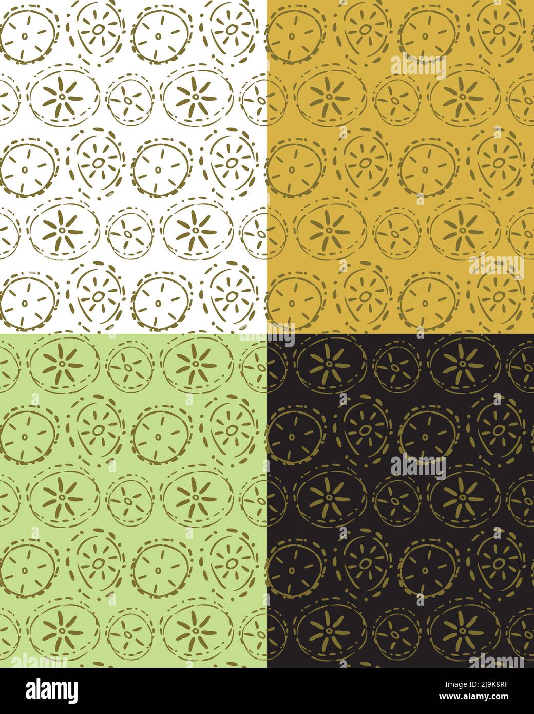 Modello senza giunture ornamentale etnico. Inchiostro disegnato a mano pennello doodle cerchi stile, fiore, simboli del sole in giallo oro. Colori facilmente modificabili Illustrazione Vettoriale