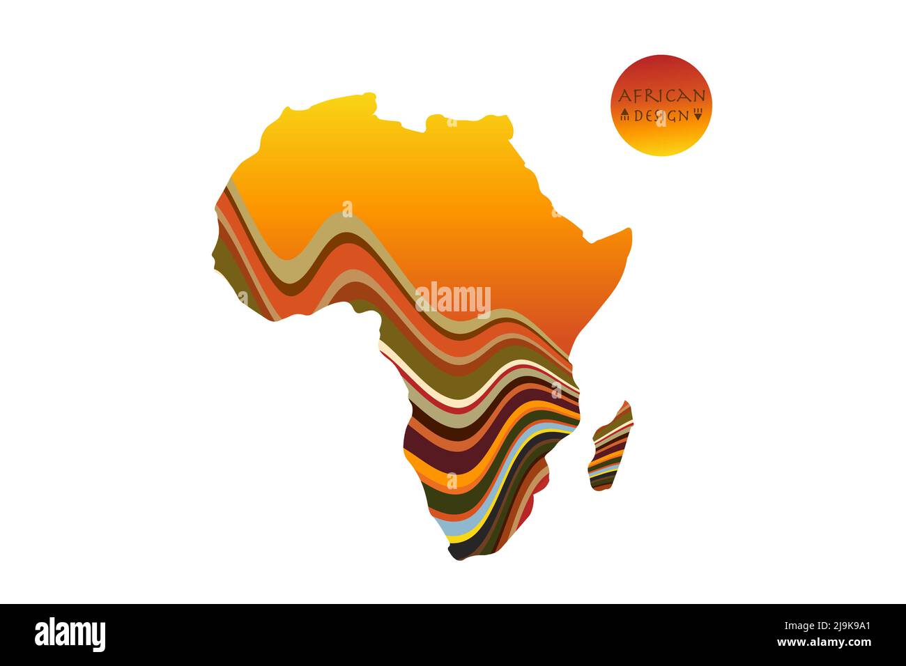 Africa mappa modellata con paesaggio etnico tramonto. Banner con logo, colori tradizionali africani tribali, elementi motivo a strisce, concept design. Vettore Illustrazione Vettoriale