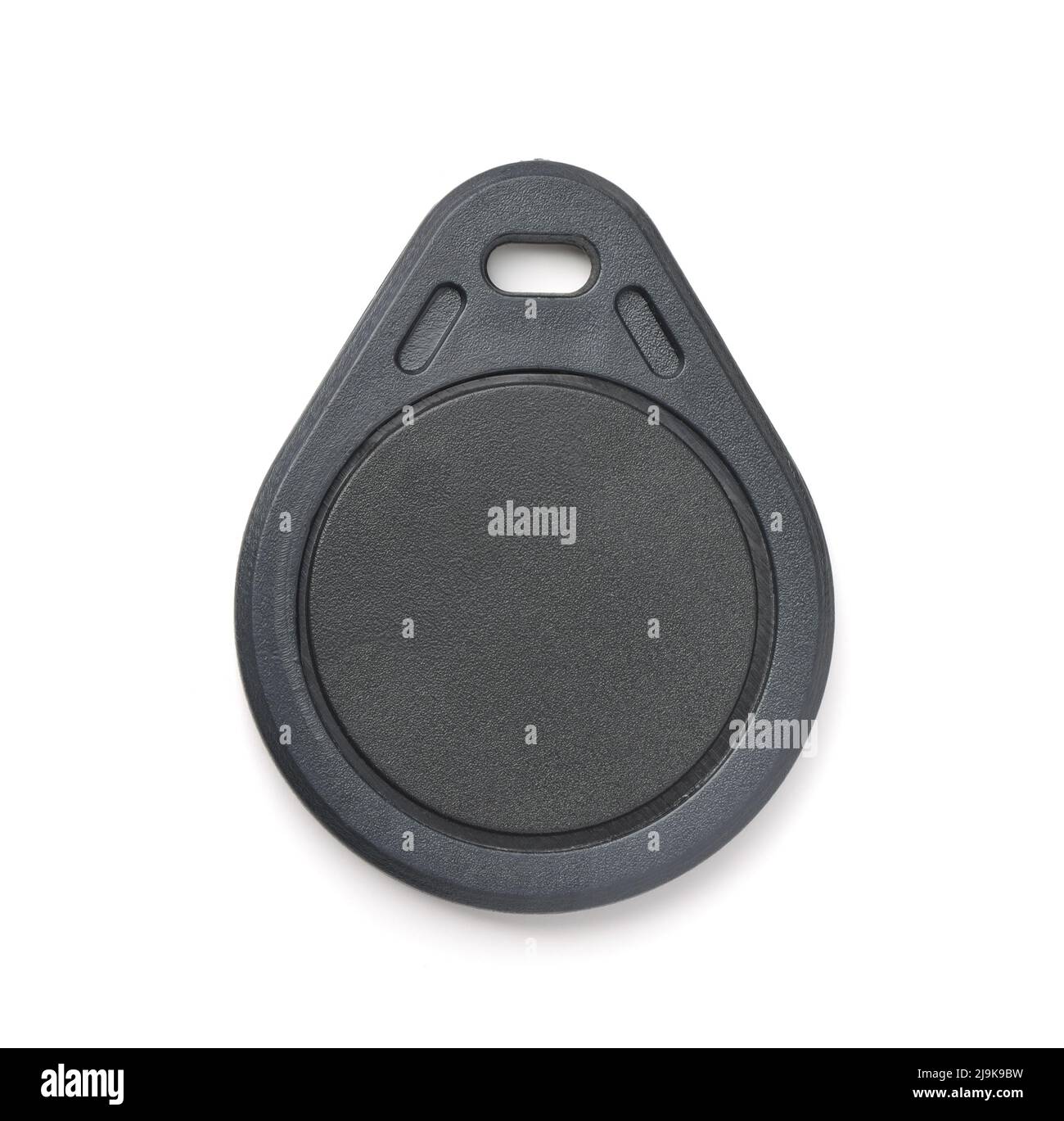 Vista frontale del telecomando RFID in plastica nera vuoto isolato su bianco Foto Stock