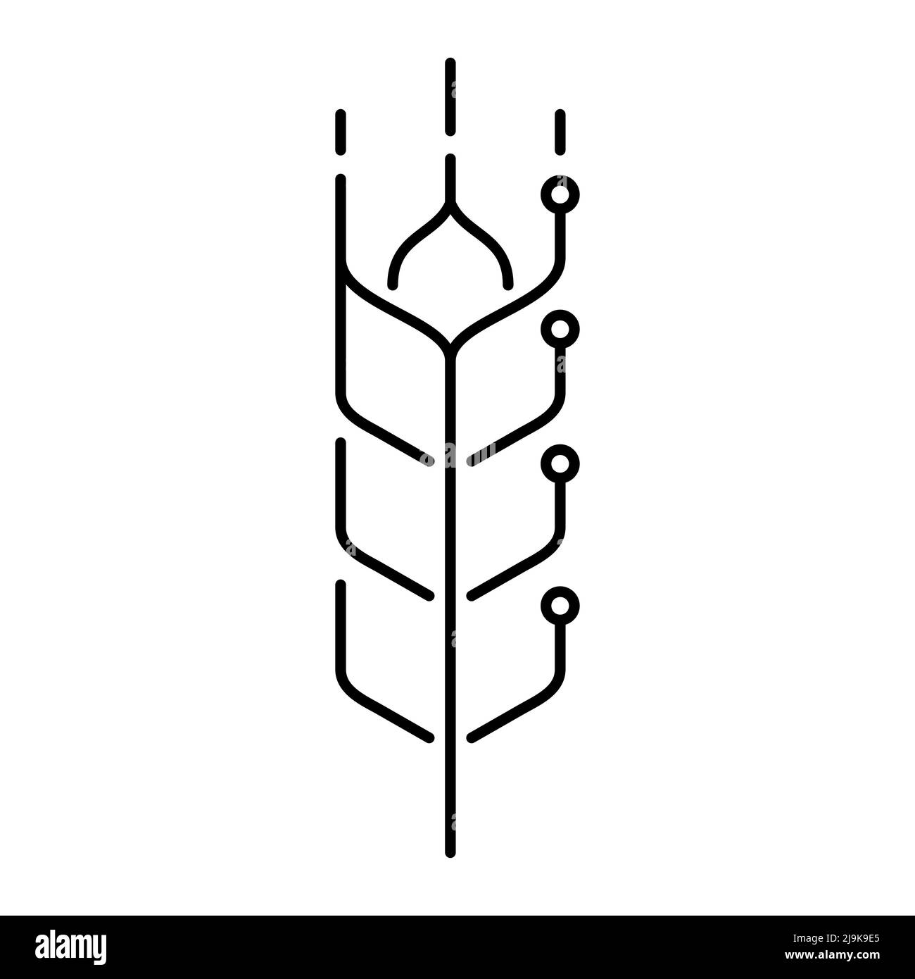 Icona della linea della tecnologia agricola. Elementi di grano e di circuito stampato. Agricoltura moderna. Produzione di cibo efficiente. APPLICAZIONE IT nella coltivazione di piante. Illustrazione Vettoriale