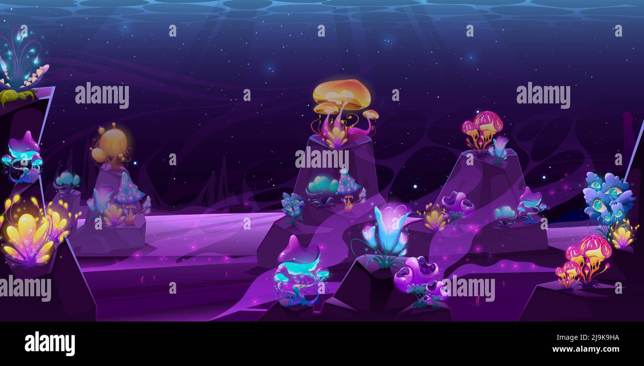 Fondo subacqueo con piante fantasy crescono sul fondo del mare. Funghi marini alieni, fiori o alghe che crescono a rocce sotto il fascio di luce solare, incandescente vita sottomarina, Cartoon vettore illustrazione Illustrazione Vettoriale