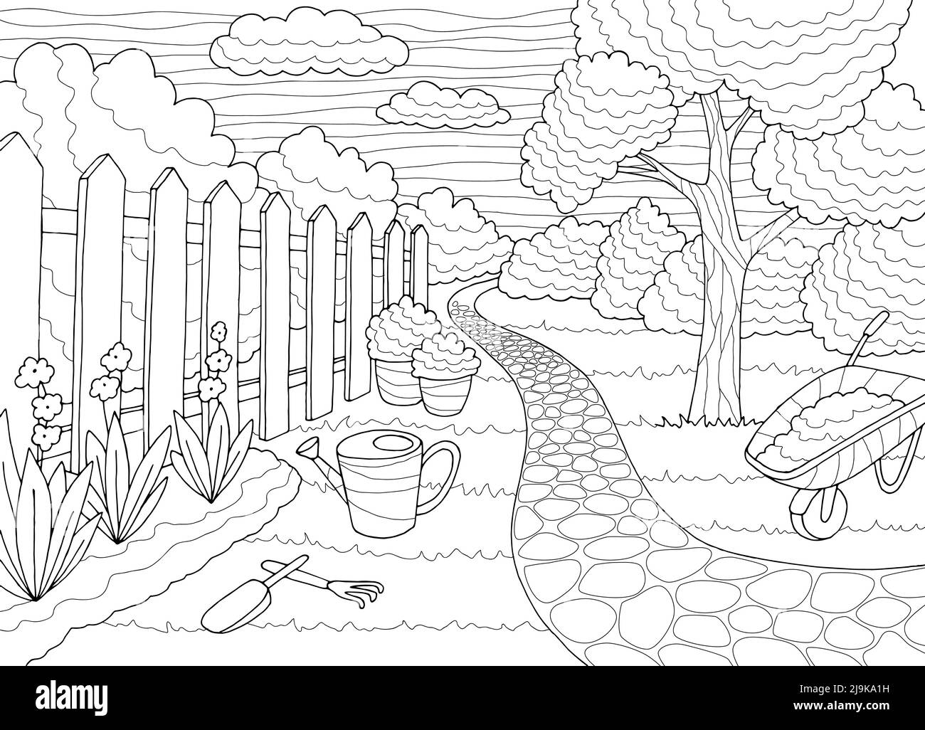 Garden coloring grafico bianco nero paesaggio disegno vettore illustrazione Illustrazione Vettoriale