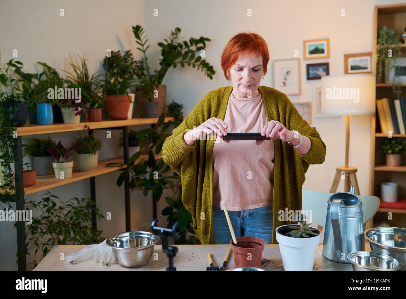Donna anziana che fa la foto del suo lavoro di piantare piante sul telefono cellulare per blog mentre in piedi in stanza con i fiori in vaso in background Foto Stock