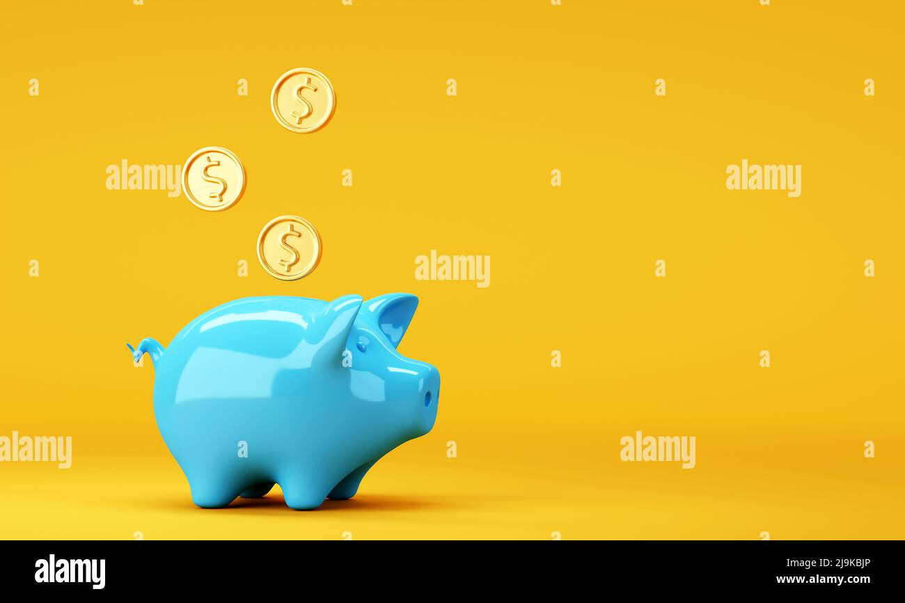 Blu Piggy banca con monete in dollari in caduta su sfondo luminoso Foto Stock