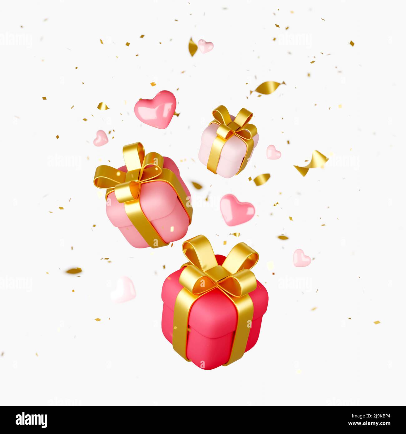 Scatole regalo rosse, rosa e bianche e cuori che cadono su sfondo chiaro Foto Stock