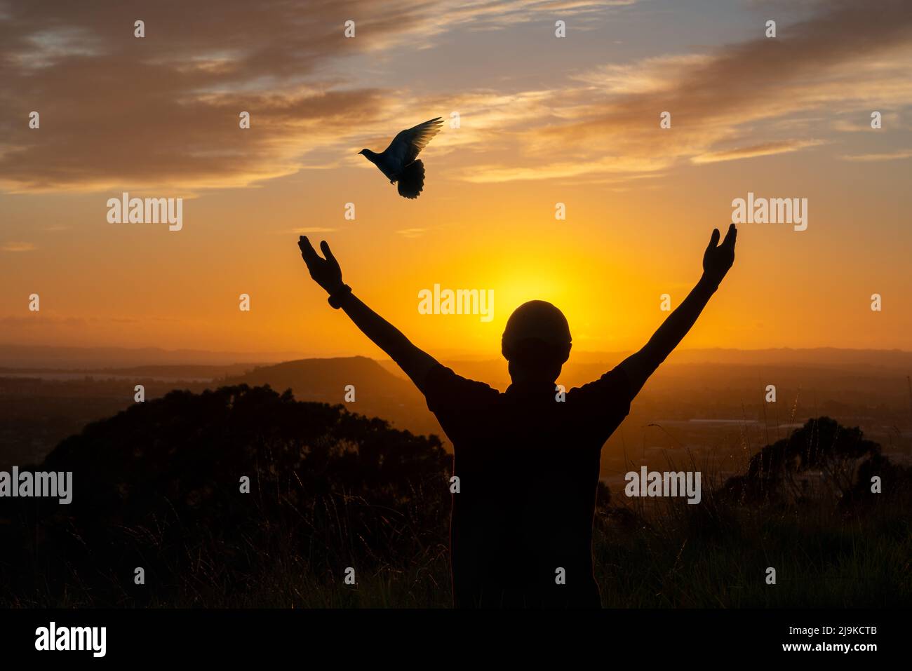 Silhouette di un uomo a braccia aperte che accoglie il sole, uccello volare via all'alba. Concetto di speranza. Foto Stock