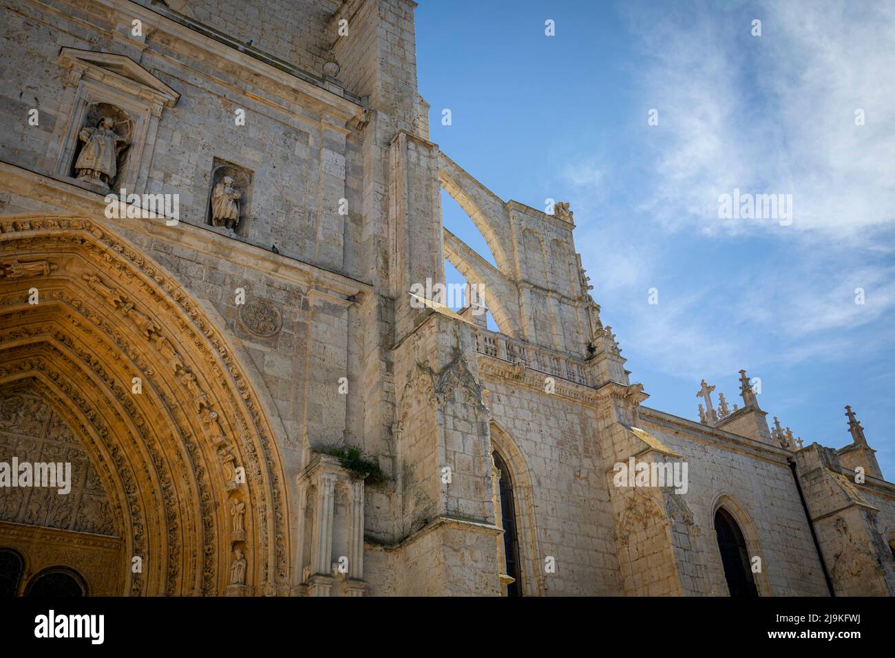 Facciata laterale della Cattedrale di Palencia, Spagna. Stile gotico e pietra bianca. I dettagli della sua architettura sono apprezzati. Foto Stock