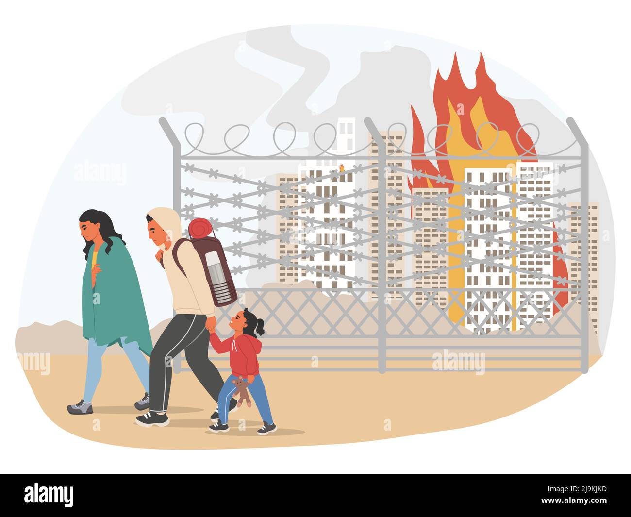 Rifugiati fuggono i bombardamenti della città Illustrazione Vettoriale Rifugiati fuggono i bombardamenti della città Illustrazione Vettoriale