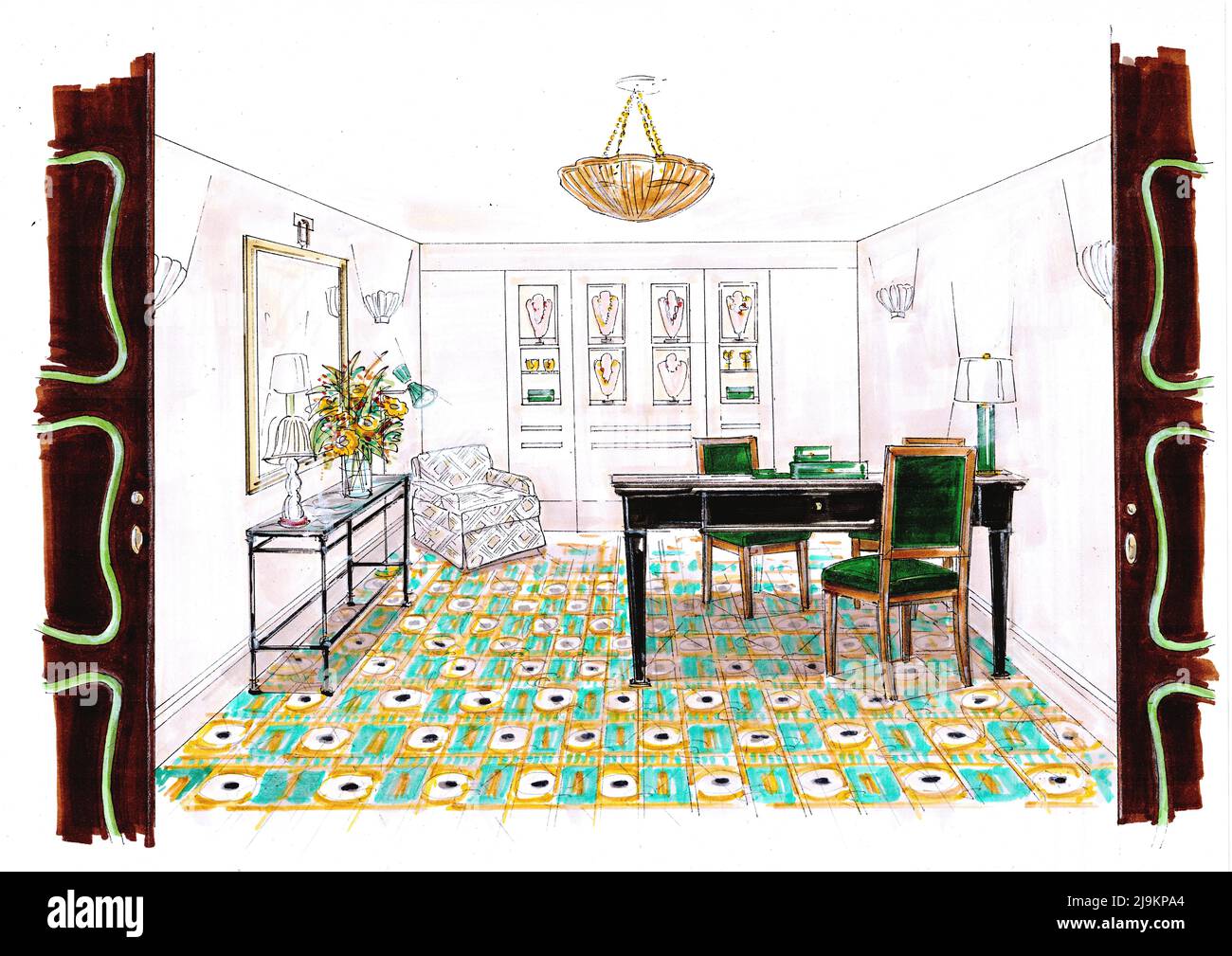 Illustrazione a colori di un interno di un negozio di gioielli. Foto Stock