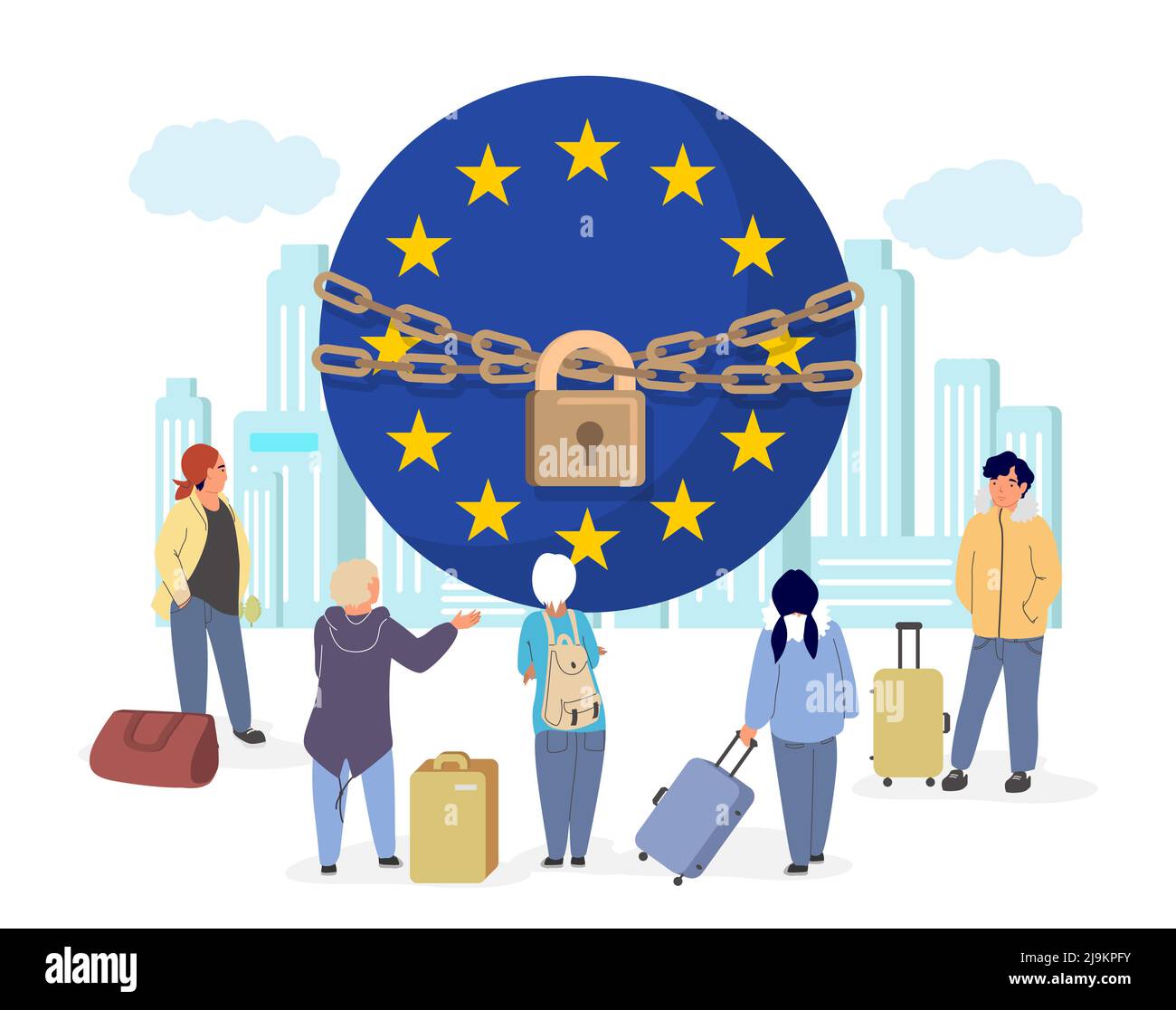 Lucchetto e catena vettoriale in metallo con confini UE chiusi Illustrazione Vettoriale