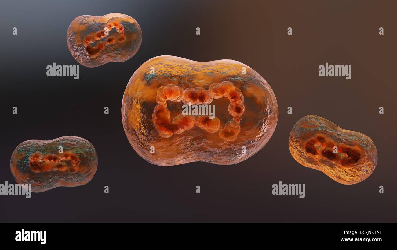 3D illustrazione dell'infezione da Monkeypox pandemica. Cellula di monkeypox, sintomi o precauzioni, variante del vaiolo, scimmia di febbre mutata, minaccia di virus a h Foto Stock