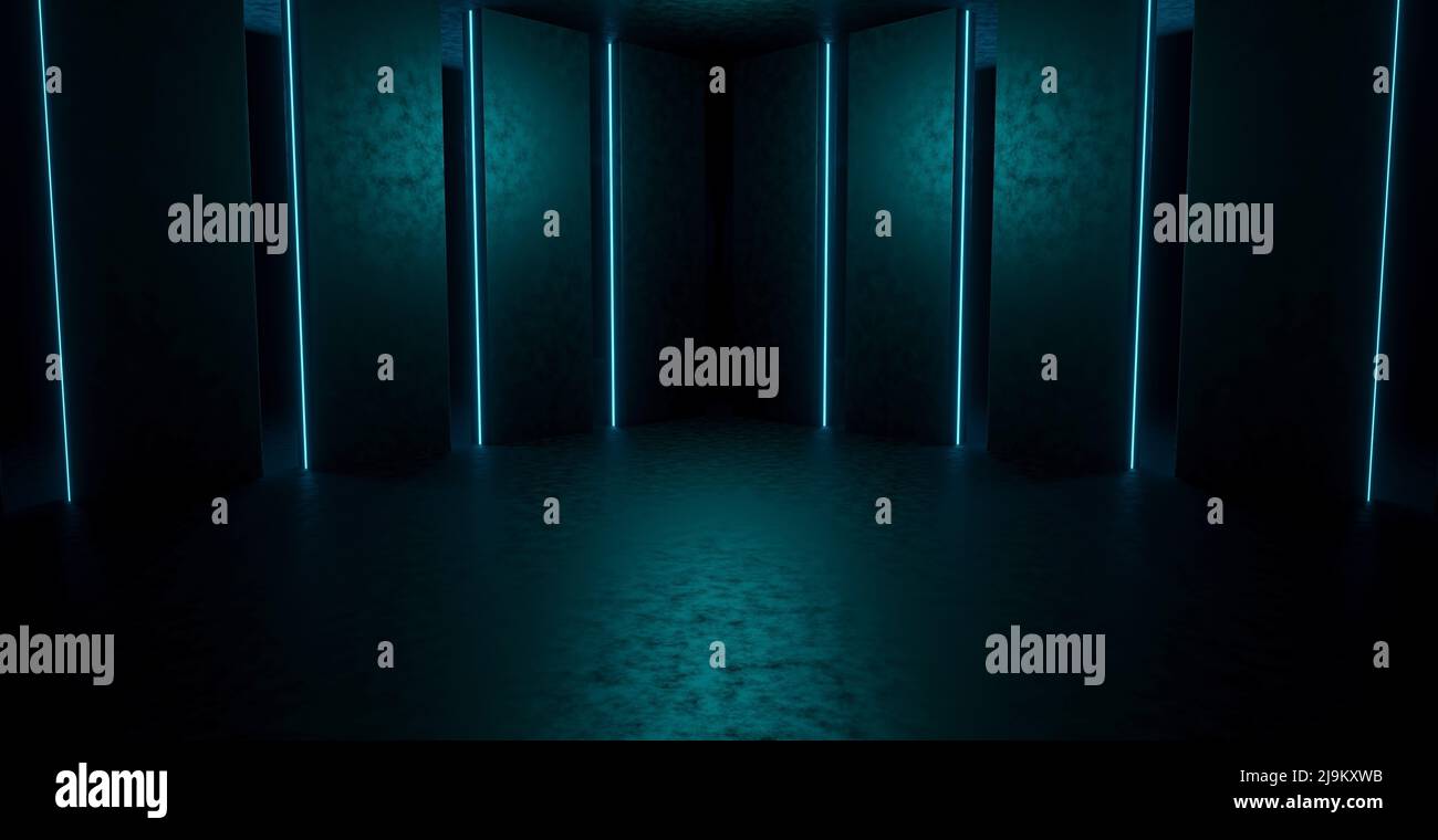 Extraterrestre vuoto incandescente Vibrant laser Showcase Stage Corridor corridoio ingresso oscurato Blu scuro sfondo Digital Futurismo concetto per prodotto Foto Stock