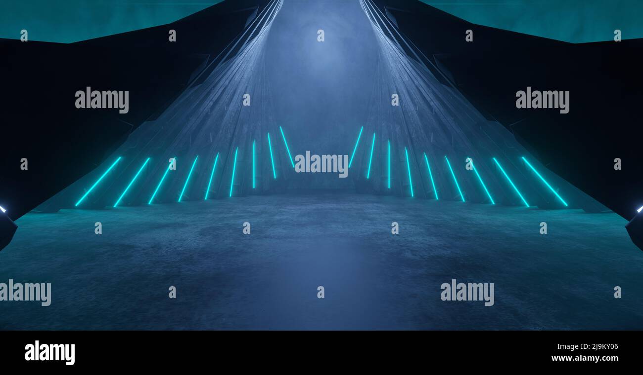 Scifi Galactic vuoto fumo Deep Blue Green laser Cyberspace sfondo interno metallo Mesh Corridor sfondo 3D rendering Foto Stock