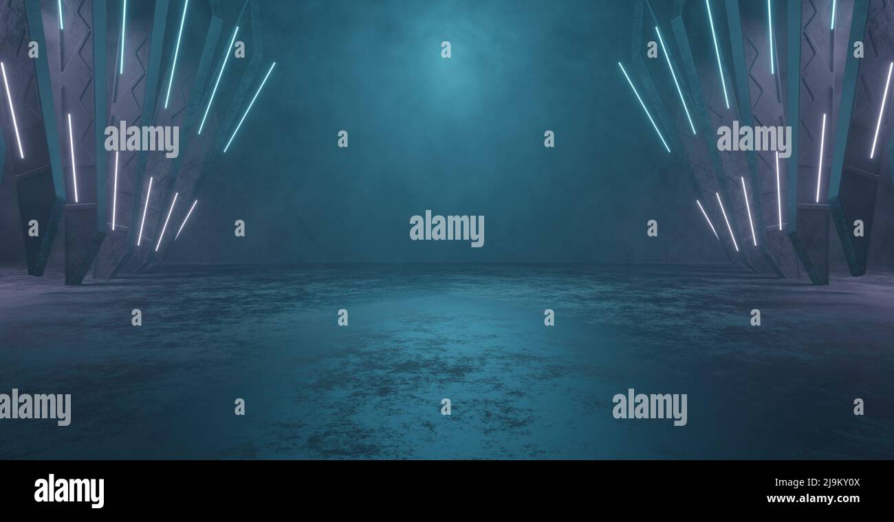 Lussuoso ed elegante Robotica vuota Smoke Light Blue Turquoise soffitto Abstract sfondo carta da parati 3D Illustrazione Foto Stock