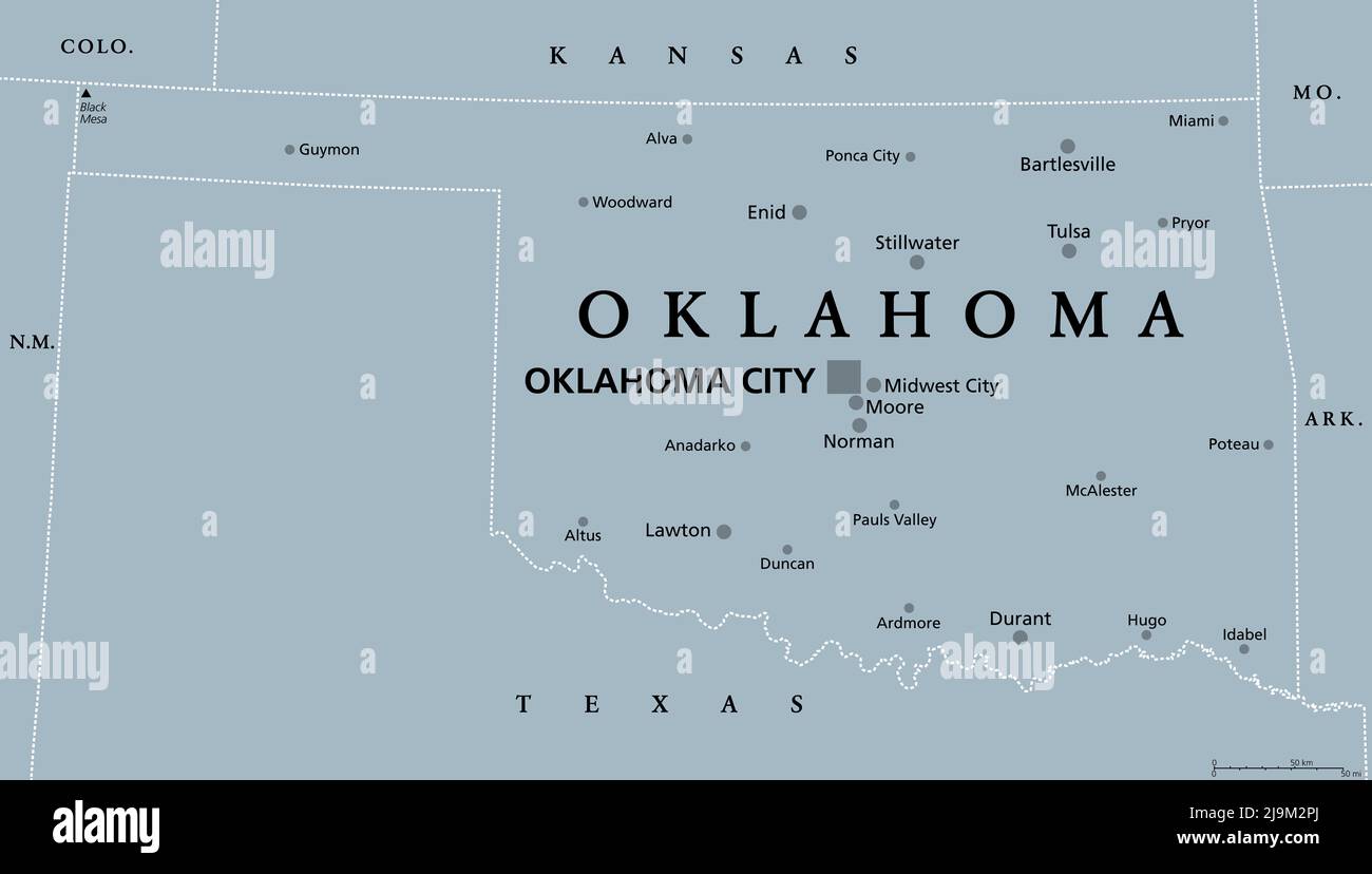 Oklahoma, OK, mappa politica grigia, con la capitale Oklahoma City e le città più importanti. STATI UNITI nella regione centro-meridionale Foto Stock