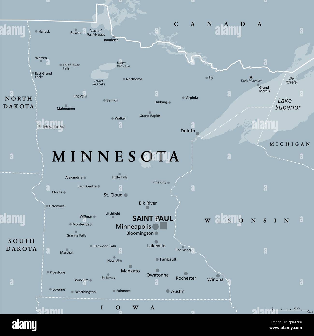 Minnesota, MN, mappa politica grigia con la capitale Saint Paul e l'area metropolitana di Minneapolis. Stati Uniti del Midwest superiore. Foto Stock