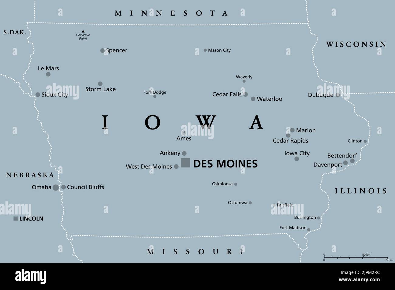 Iowa, IA, mappa politica grigia, con