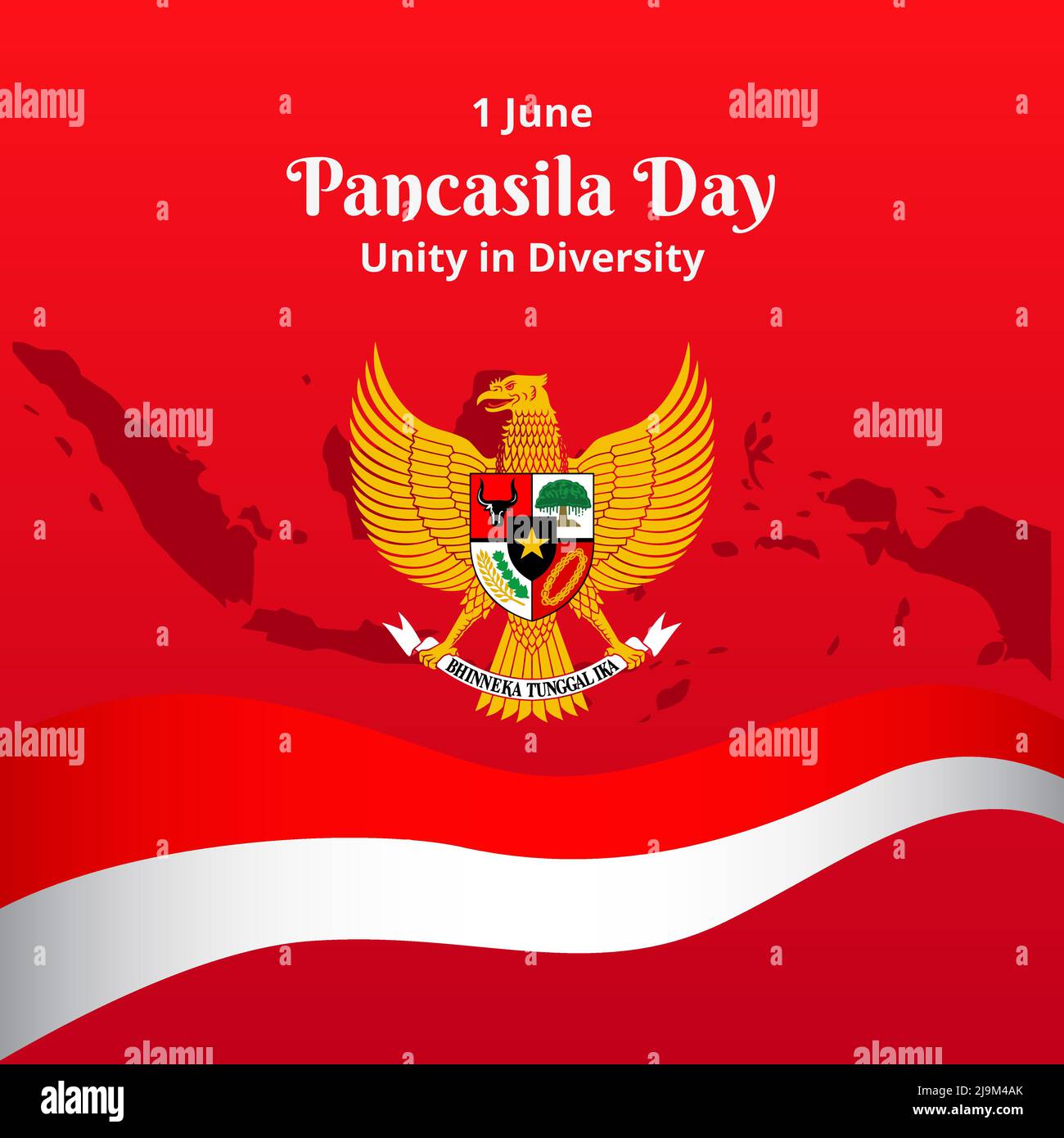 Giorno di Pancasila 1 giugno, unità nella diversità. Ideologia indonesiana con Symbol Bird Garuda, Indonesia Island, e Flag Red White. Vettore Illustrazione Nation Illustrazione Vettoriale