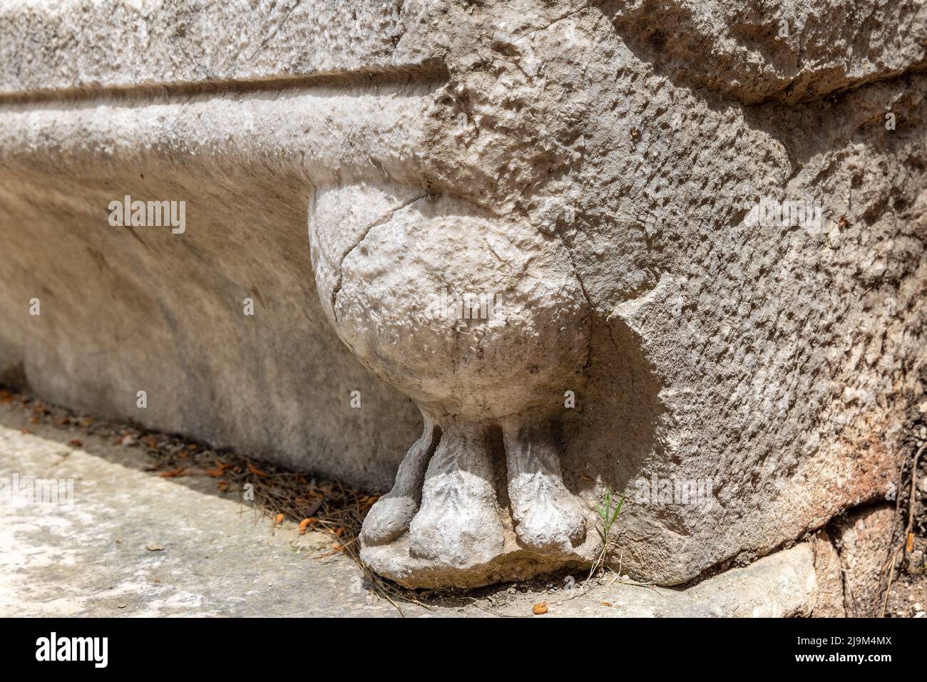 Dettagli scolpiti della porta di Adriano plinto dal Porto Sud nell'antica città di Phaselis in Turchia. Foto Stock