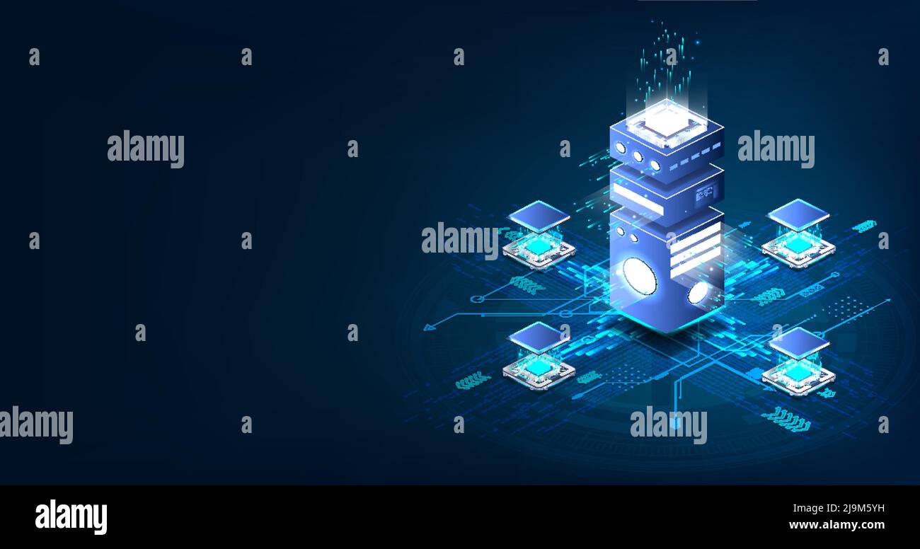 Banner blu elaborazione di grandi quantità di dati da parte del computer più recente in vista isometrica Illustrazione Vettoriale