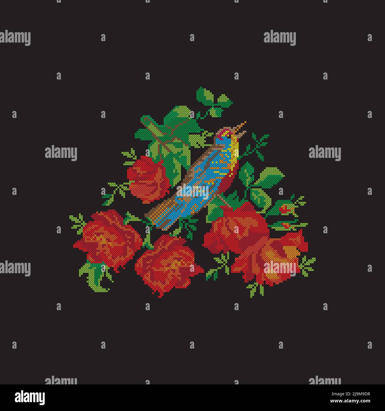 Uccello ricamato, motivo a punto croce, ornamento floreale, illustrazione vettoriale. Illustrazione Vettoriale