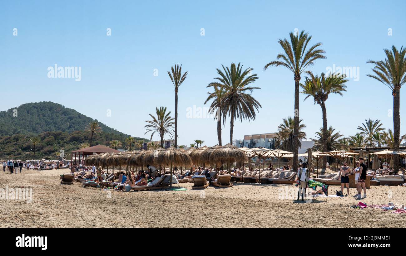 Beach Club, Playa del Bossa, Platja d'en Bossa, Eivissa, Baleari, Spagna, Europa Foto Stock