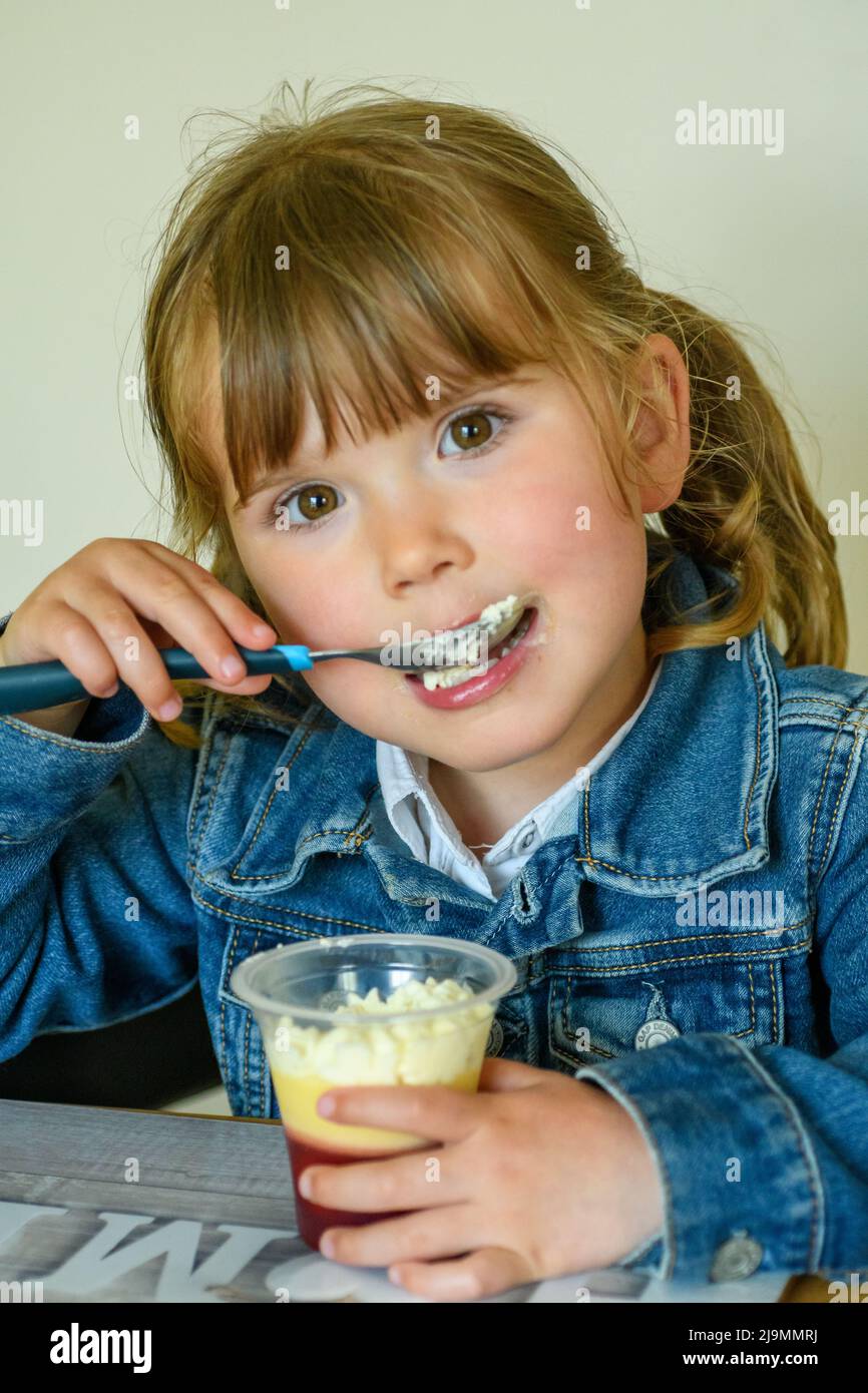 Bambino che mangia trifle, un pudding reale. Foto Stock