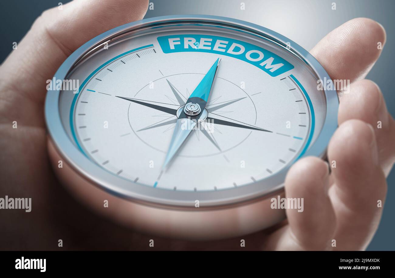 Libertà, essere concetto indipendente. Mano che tiene una bussola concettuale. Immagine composita tra una fotografia a mano e uno sfondo a 3D°. Foto Stock
