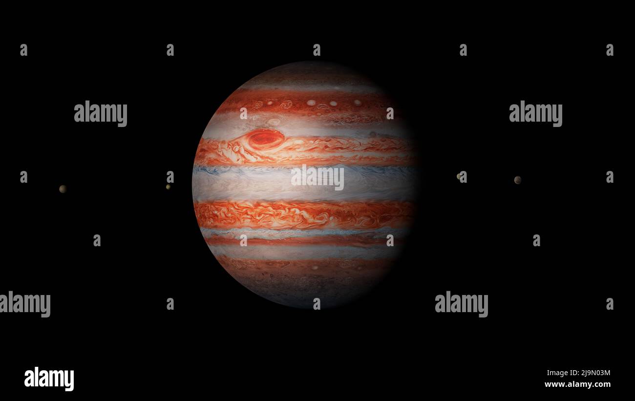 Giove e Lune, che mostrano una grande macchia rossa del pianeta con Io, Callisto, Ganymede e Europa. Foto Stock