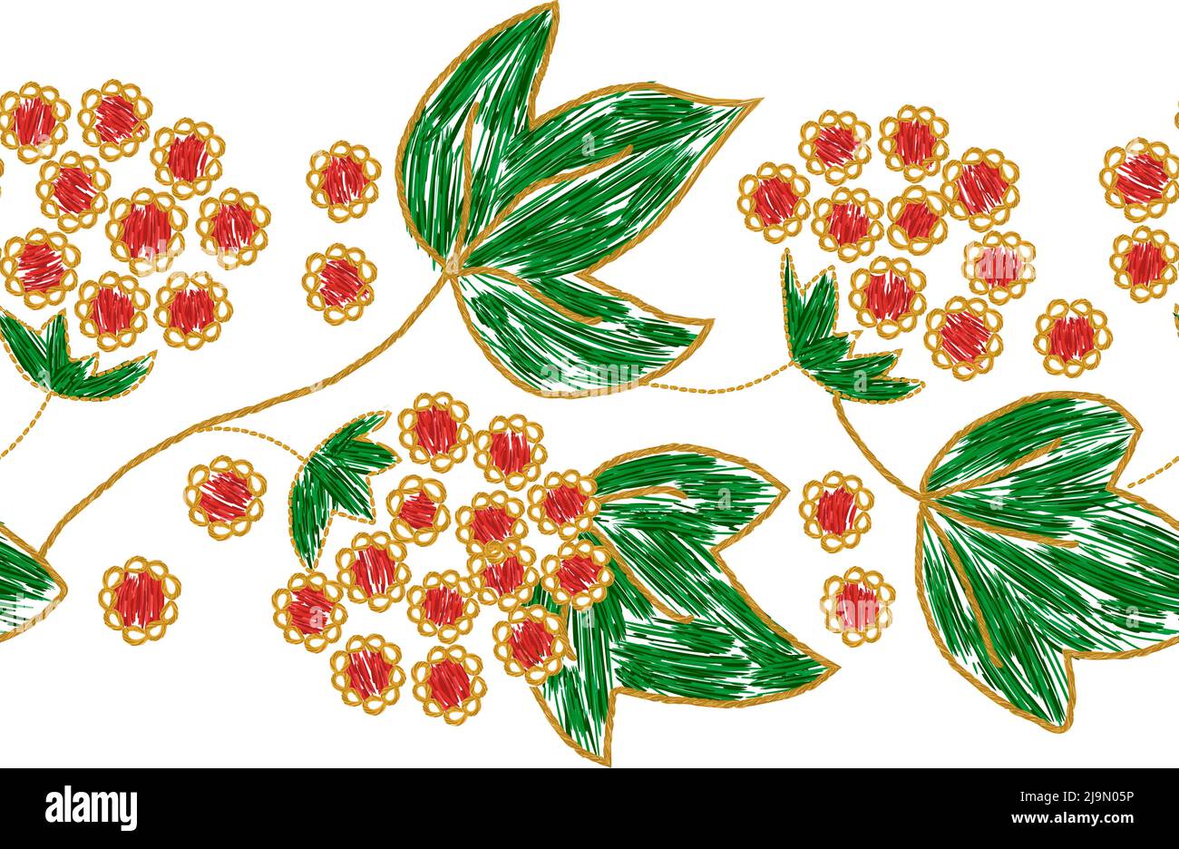 Ricamo ucraino senza cuciture bordo ornamento. Composizione di bacche di viburnum. Illustrazione Vettoriale