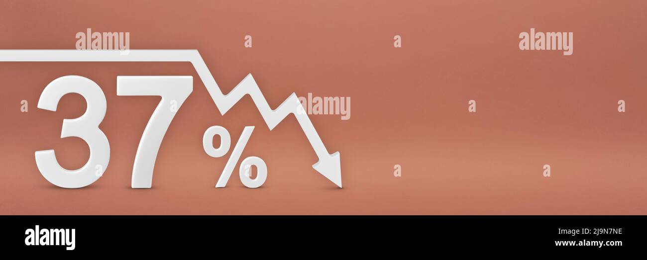 il trentasette percento, la freccia sul grafico è rivolta verso il basso. Crollo del mercato azionario, mercato dell'orso, crollo inflation.Economic, crollo delle azioni.3D Foto Stock