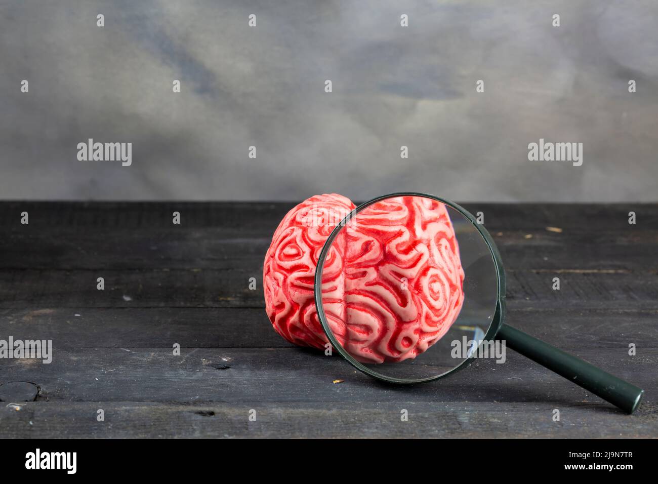 Lente d'ingrandimento , concetto di salute mentale del cervello Foto Stock